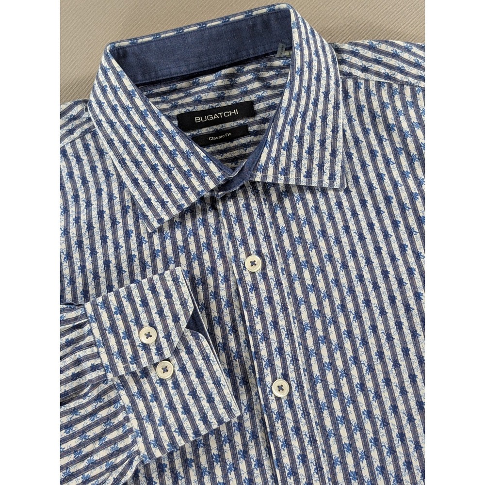 Bugatchi Classic Fit Shirt Mens Large Blue White Striped Floral 100% Cotton...